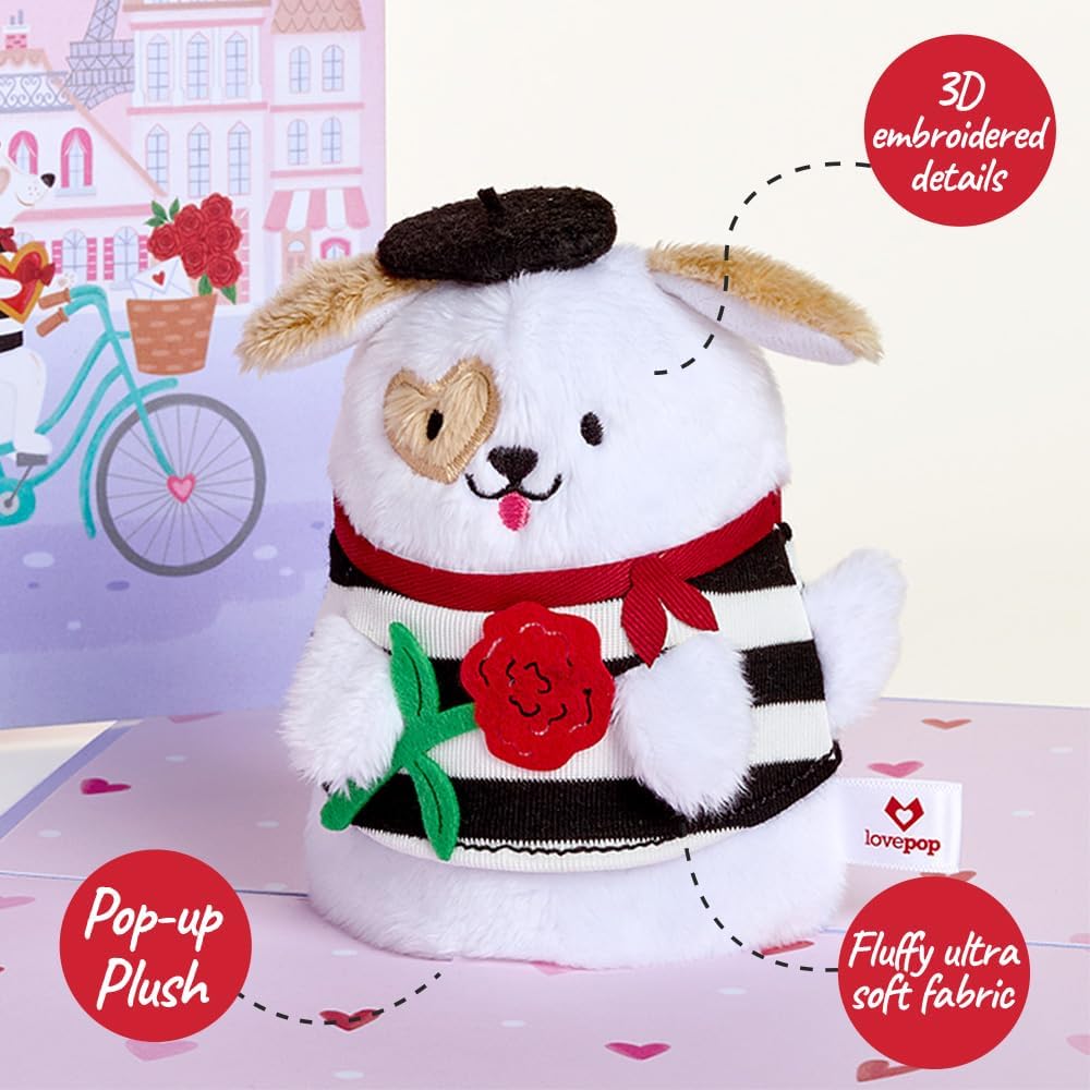 61im0nmMkLL._AC_SL1000_.jpg Lovepop Plushpop Soft Animal Pop-Up Card for Her and Him - 3D Greeting Card for Boys, Girls, Men, Women - French Love Dog - 6" x 8" Card - Image 3