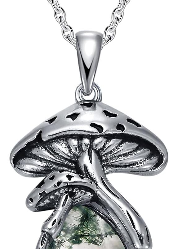 YYB Mushroom Necklace for Women S925 Sterling Silver Malachite/Moss agate/Opal/Moonstone/Black Onyx Oxidized Mushroom Pendant Jewelry Anniversay Birthday Gifts