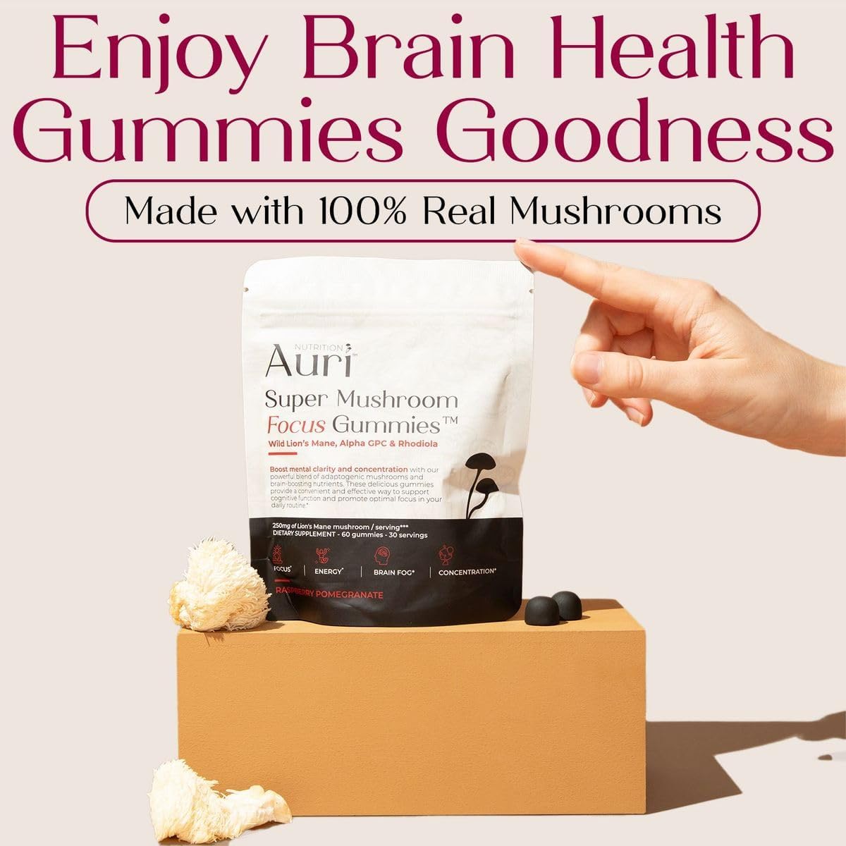 61mf5tZg7L._AC_SL1200_.jpg Auri Super Mushroom Focus Gummies - w/Lion's Mane, Alpha GPC & Rhodiola - Mushrooom Supplement to Support Cognitive Function, Mental Clarity, Focus & Energy | 60 Gummies, Vegan Friendly, Non GMOs - Image 2