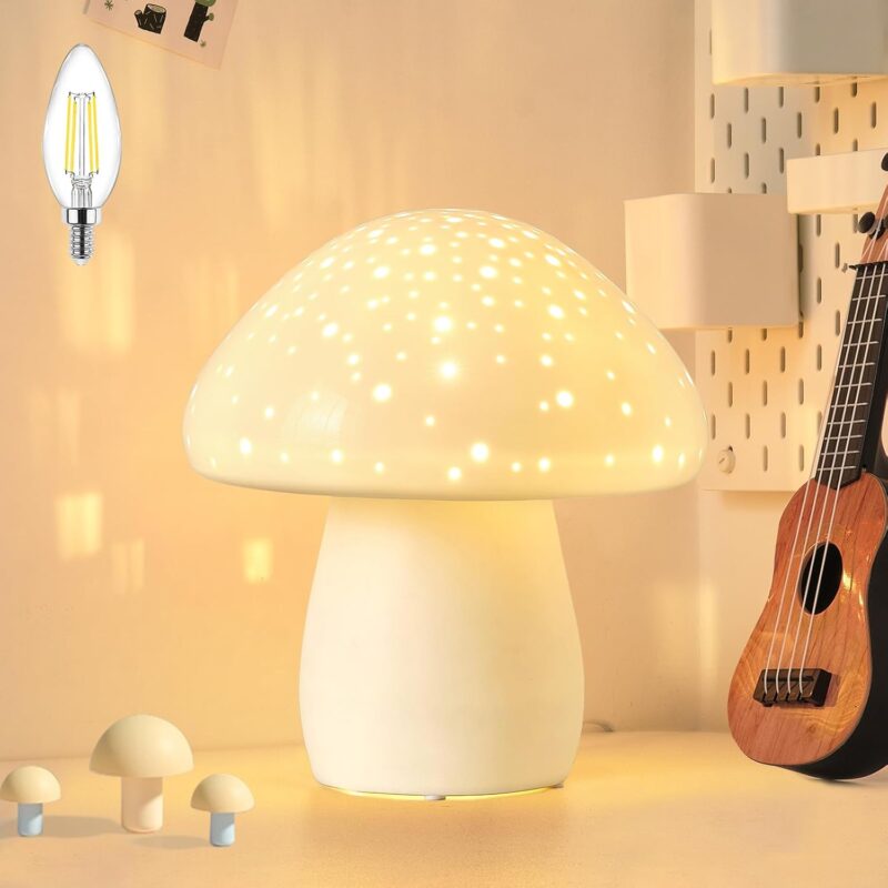 BOHON Mushroom Lamp, Ceramic Bedside Table Lamp for Bedroom Nightstand, Cute Night Light LED Small Lamp for Living Room Kids Home Office Desk Nursery Decor Girl Gifts, LED Bulb Included, White