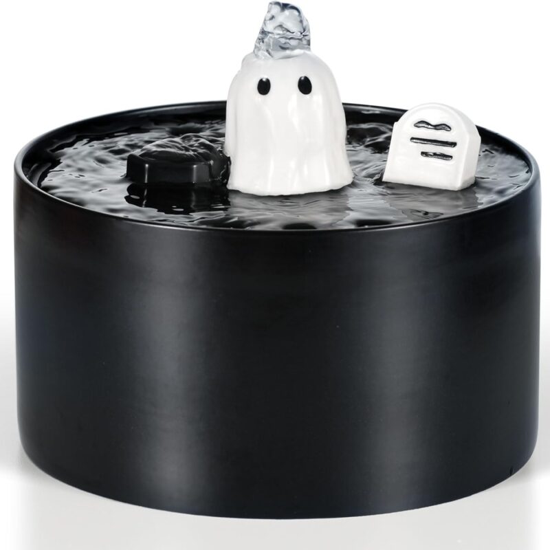 Happy & Polly Gothic Cat Water Fountain - 1.5L/50oz Ceramic Automatic Pet Fountain Cat Dog Water Dispenser Cat Drinking Fountain with Strong Filtration System Quiet Pump USB Port