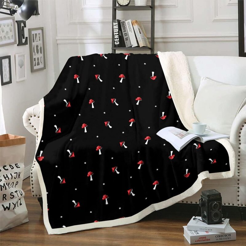 Cute Mushroom Kawaii Flannel Blanket Kid Cartoon Sherpa Blanket Red Mushroom Warm Plush Blanket Farmhouse Botanical Bed Blanket Lovely Natural Wild Plants Blanket For Couch Sofa, Black Queen 90"x90"
