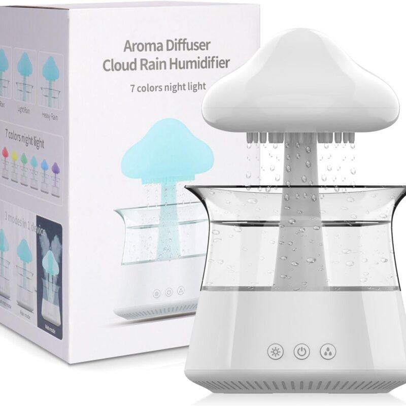 Cloud Rain Humidifier for Bedroom & Large Room Water Drip Humidifier with Remote Waterfall Lamp Mushroom Humidifier Rain Sounds White Noise Humidifier Air Humidifiers for Bedroom Desk (White)