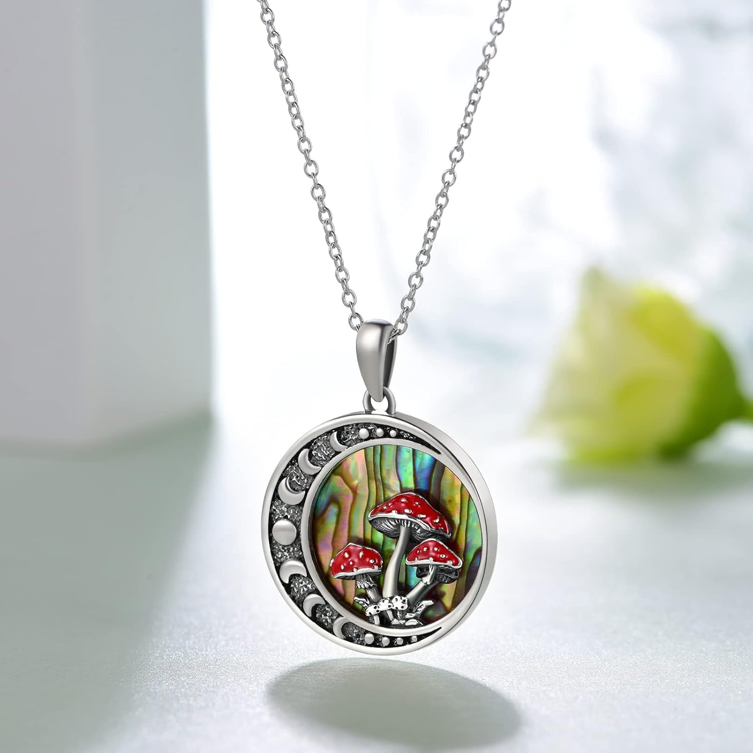 61x63c46qgL._AC_SL1500_.jpg Moon Mushroom Necklace for Women,925 Sterling Silver Magical Red Mushroom Pendant Moon Phase Necklaces,Anniversary Birthday Gifts for Women Mom,18''-20'' - Image 3