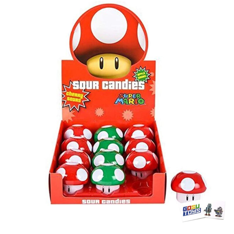 Super Mario Mushroom Candy Cherry and Green Apple Sours - 12 Pack Box Case with 2 Collectible Stickers