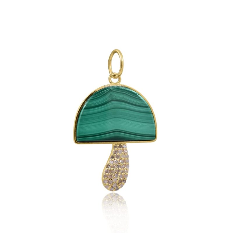 Malachite & Diamond Mushroom Pendant, 14k Yellow Gold Plated Mushroom, Mushroom Pendant, Gemstone Mushroom, Wholesale Mushroom Jewelry Supplier