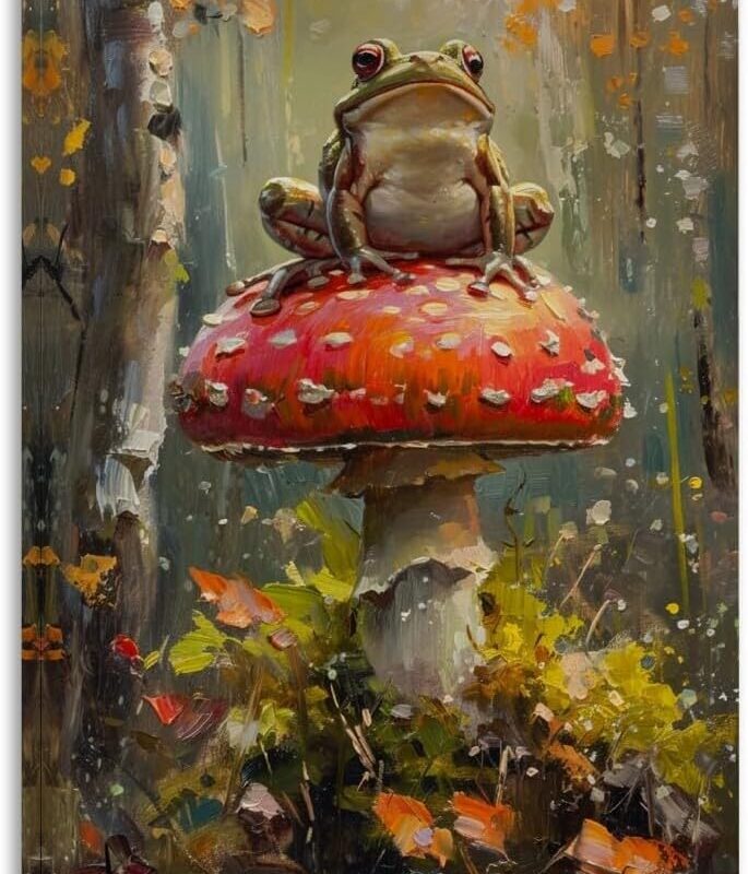 Cute Frog on Mushroom Art Poster Framed Wall Art Canvas Print Retro Artwork Aesthetic Poster For Living Room Home Office Bedroom Wall Art Decor Framed20x30inch