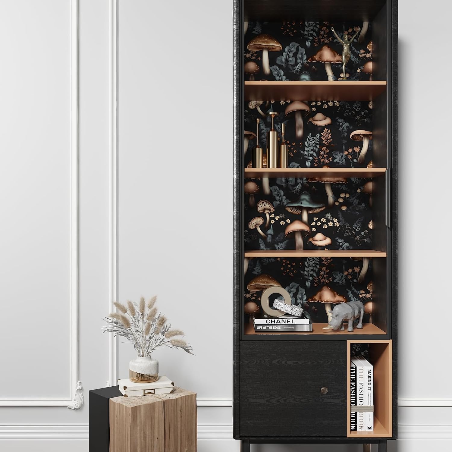 714T6LZWL._AC_SL1500_.jpg Mushroom Wallpaper Black Peel and Stick Wallpaper Leaf Vintage Contact Paper Boho Dark Flower Wall Paper Removable Wallpaper Self Adhesive for Cabinet Drawers Wall Decor 17.5''x118.1'' - Image 2