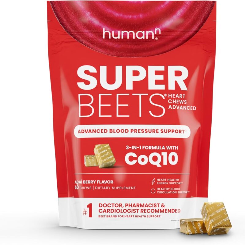 humanN SuperBeets Heart Chews Advanced - 3-in-1 Formula with Beetroot, Grape Seed Extract, & CoQ10, 60 Count