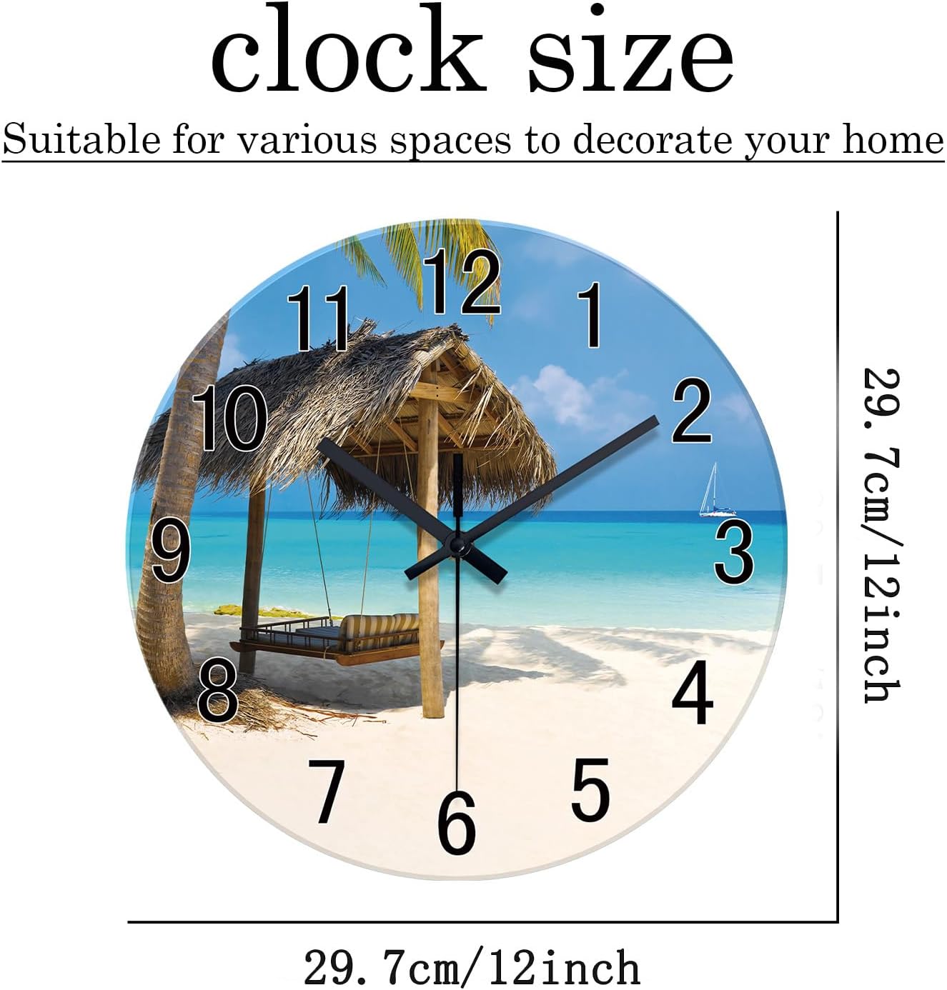 71-gomGM3eL._AC_SL1500_.jpg XFM Blue Palm Wall Clocks Battery Operated 12 Inch Glass Modern Beach Clocks Wall Decor Non Ticking Wall Clock for Bedroom - Image 6