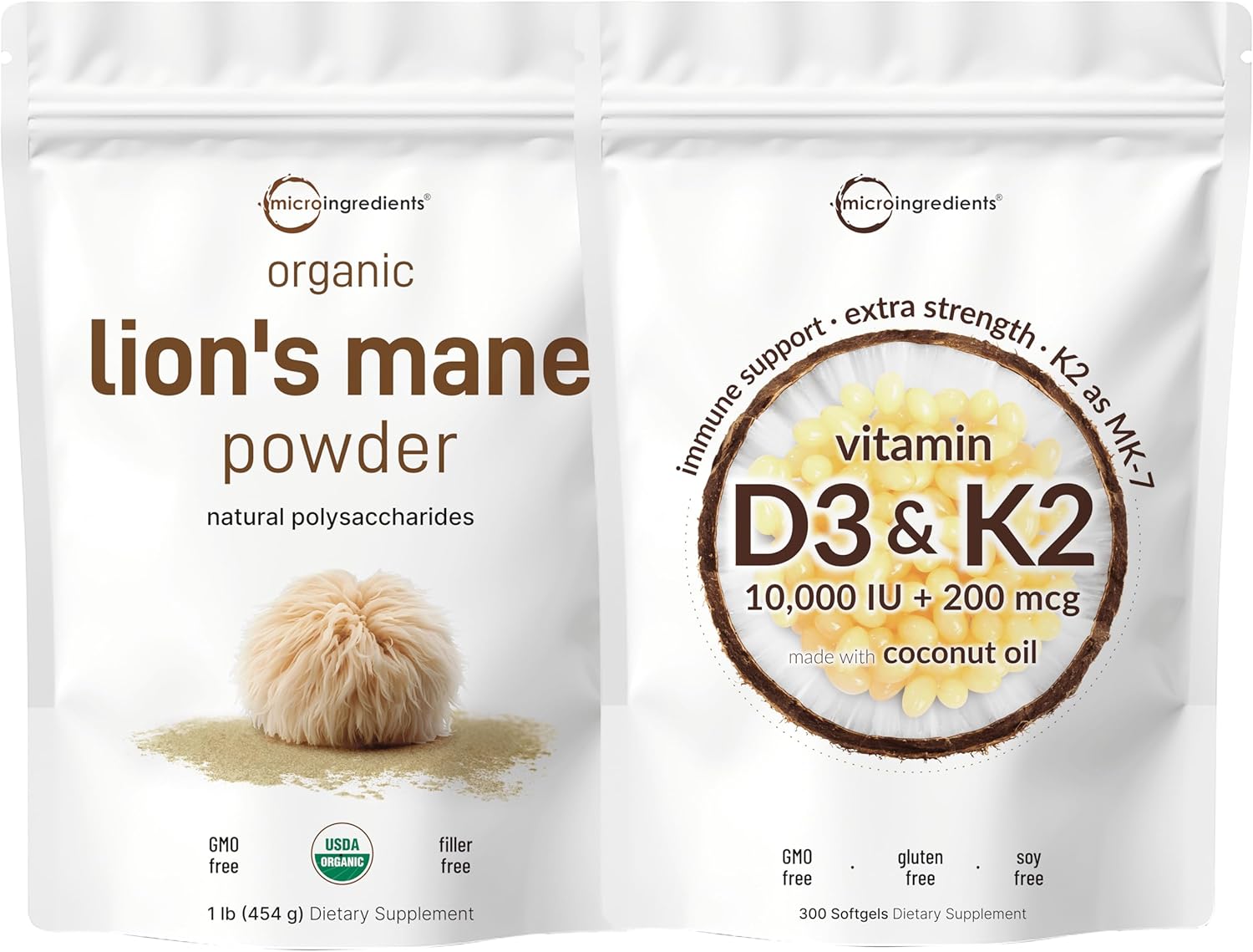 71-t0en4xIL._AC_SL1500_.jpg Micro Ingredients Vitamin D3 10,000iu + K2 200mcg Coconut Oil Softgels & Lions Mane Mushroom Supplement Powder Bundle 2 Pack | Essential Sunshine Vitamins | Natural Superfood for Brain, Energy, & Immu