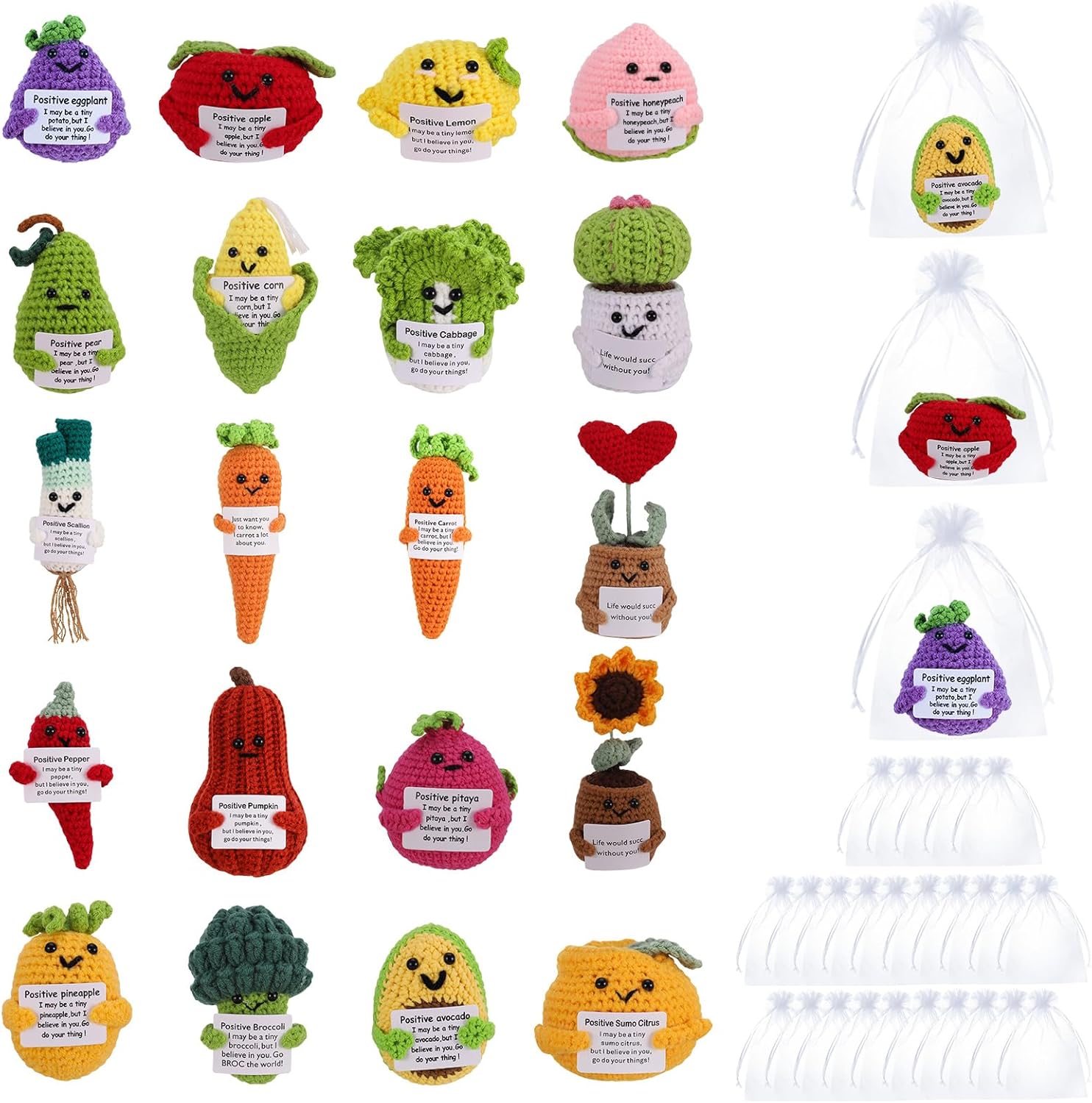 7101C2NLKdL._AC_SL1500_.jpg 20 Pcs Funny Mini Positive Vegetables Bulk Handmade Emotional Support Pickled Cucumber with 25 Pcs Organza Gift Bags Cute Furit Knitting Doll Crochet Corn with Positive Card