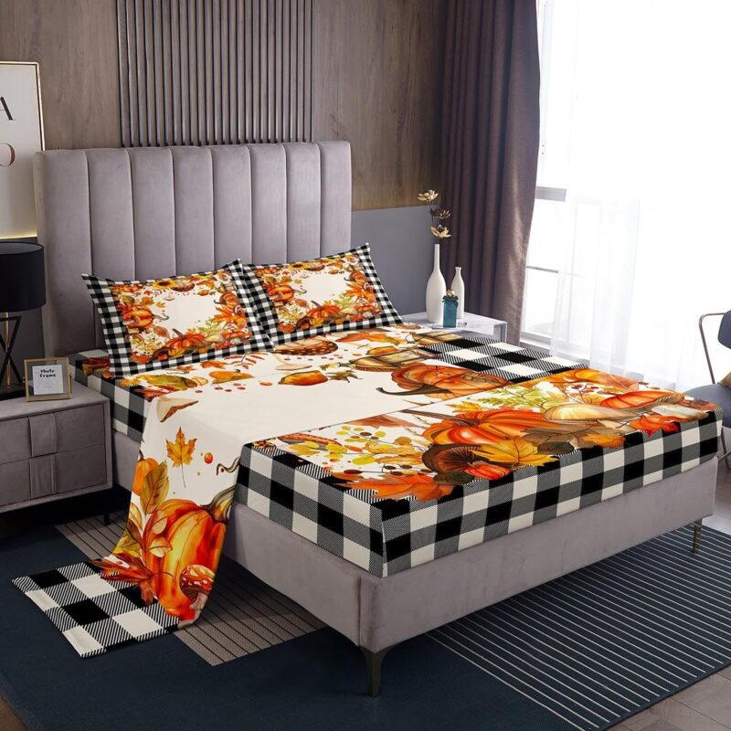 Thanksgiving Bed Sheets Fall Pumpkin Mushrooms Bedding Sheets Queen Brown Buffalo Plaid Sheet Set,Autumn Harvest Season Fitted Sheet + Flat Sheet + 2 Pillow Cases,Fall Decorations For Home Bedroom