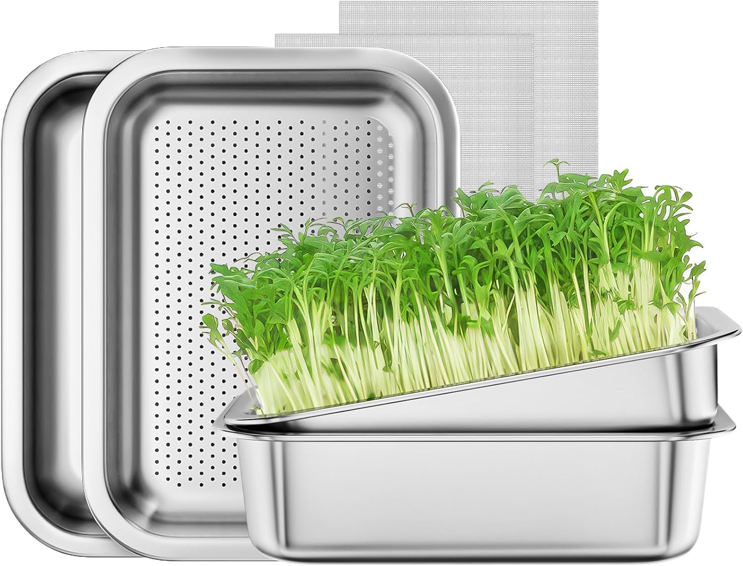 710kbvKh7tL._AC_SL1500_.jpg FANHAO 2-Pack Sprouting Tray Kit, Stainless Steel Soil-Free Cultivation Germination Tray, Healthy Wheatgrass Grower Sprouting Container Kit Nursery Tray for Indoors Plant Seedlings