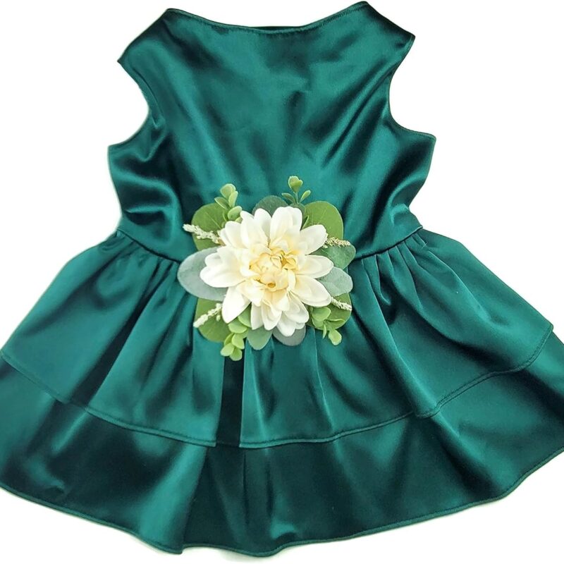 Wedding Flower Dog Dress | The Rustica | Dog Wedding Dress | Satin Dog Dress (Forest Green, X-Large (18-24 lbs))