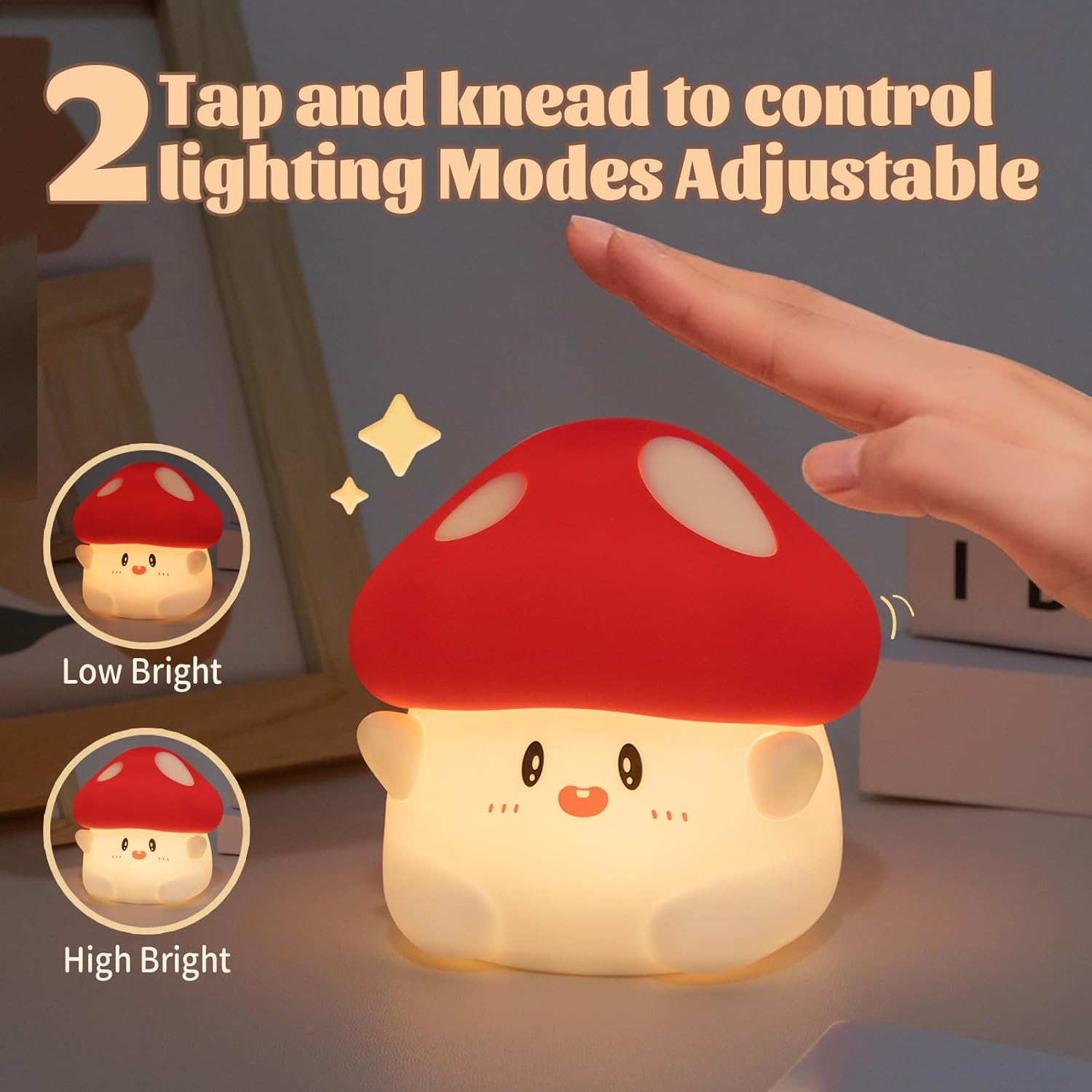 711u9vji0cL._AC_SL1500_.jpg Hug Mushroom Lamp, Cute Mushroom Night Light, 2 Levels Dimmable Night Lamp, LED Squishy Night Light for Kids Sleep, Rechargeable Bedside Touch Silicone Lamp, Unique Dorm Decor Gift Toy - Image 2
