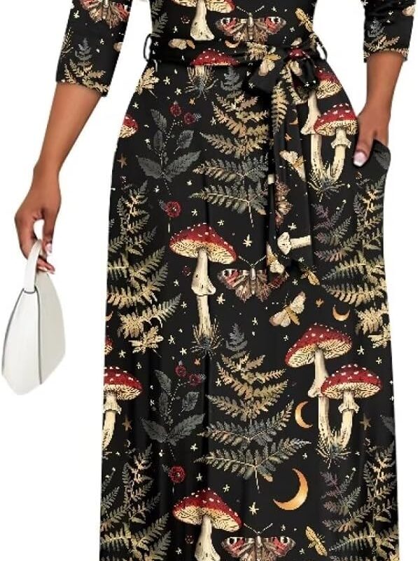 Women's Plus Size Mushroom Print Casual Summer Sundress Dress V-Neck Slim Fit Wrap Tie Waist 3/4 Sleeve