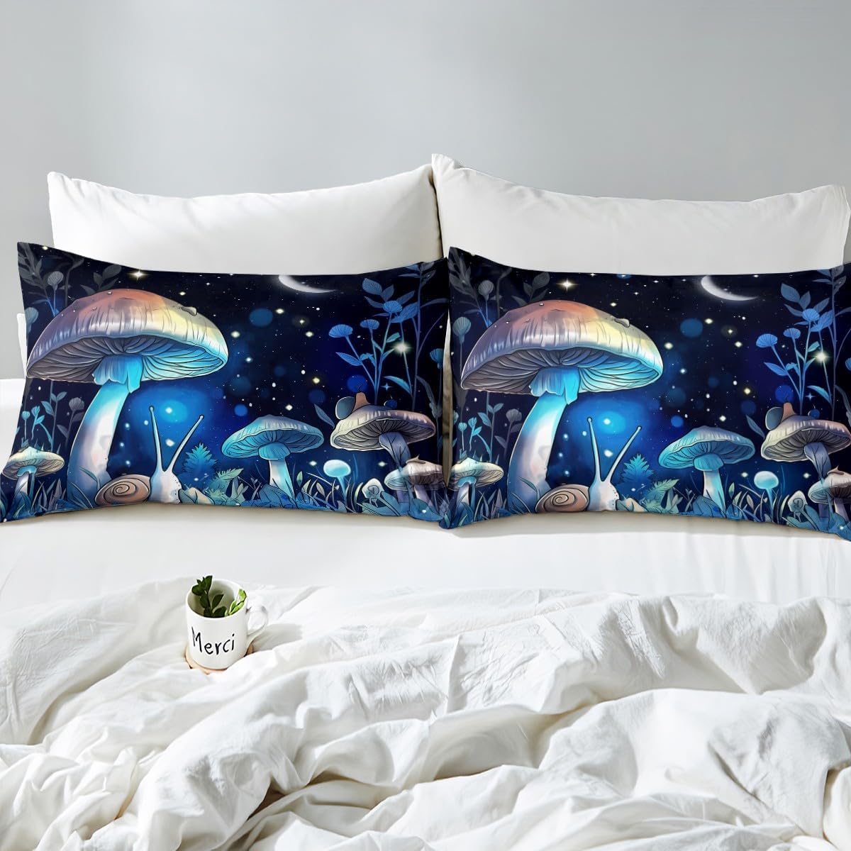 711xpPo8YXL._AC_SL1200_.jpg Manfei Mushroom Comforter Set King Size, Botanical Plants Quilt Set with 2 Pillowcases, Cartoon Mushroon Snails Print Bedding Set 3pcs for Kids Boys Girls Room Decor - Image 6
