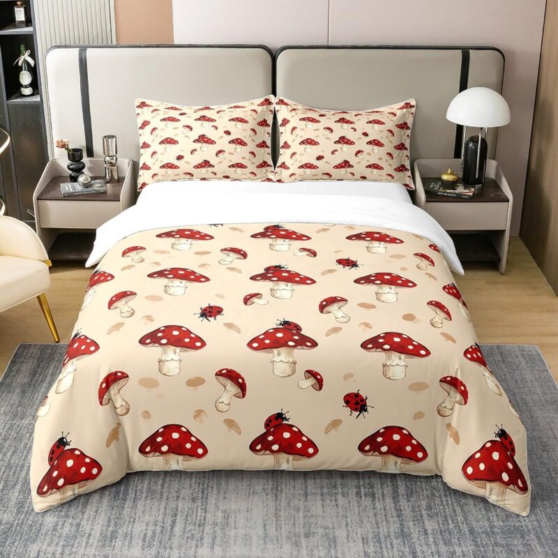 jejeloiu Kids Mushrooms Bedding Set Full Size Boys Girls Ladybug Comforter Cover Set Botanical Plants Print 100% Cotton Duvet Cover Natural Wild Fungus Bedspread Cover (No Comforter)