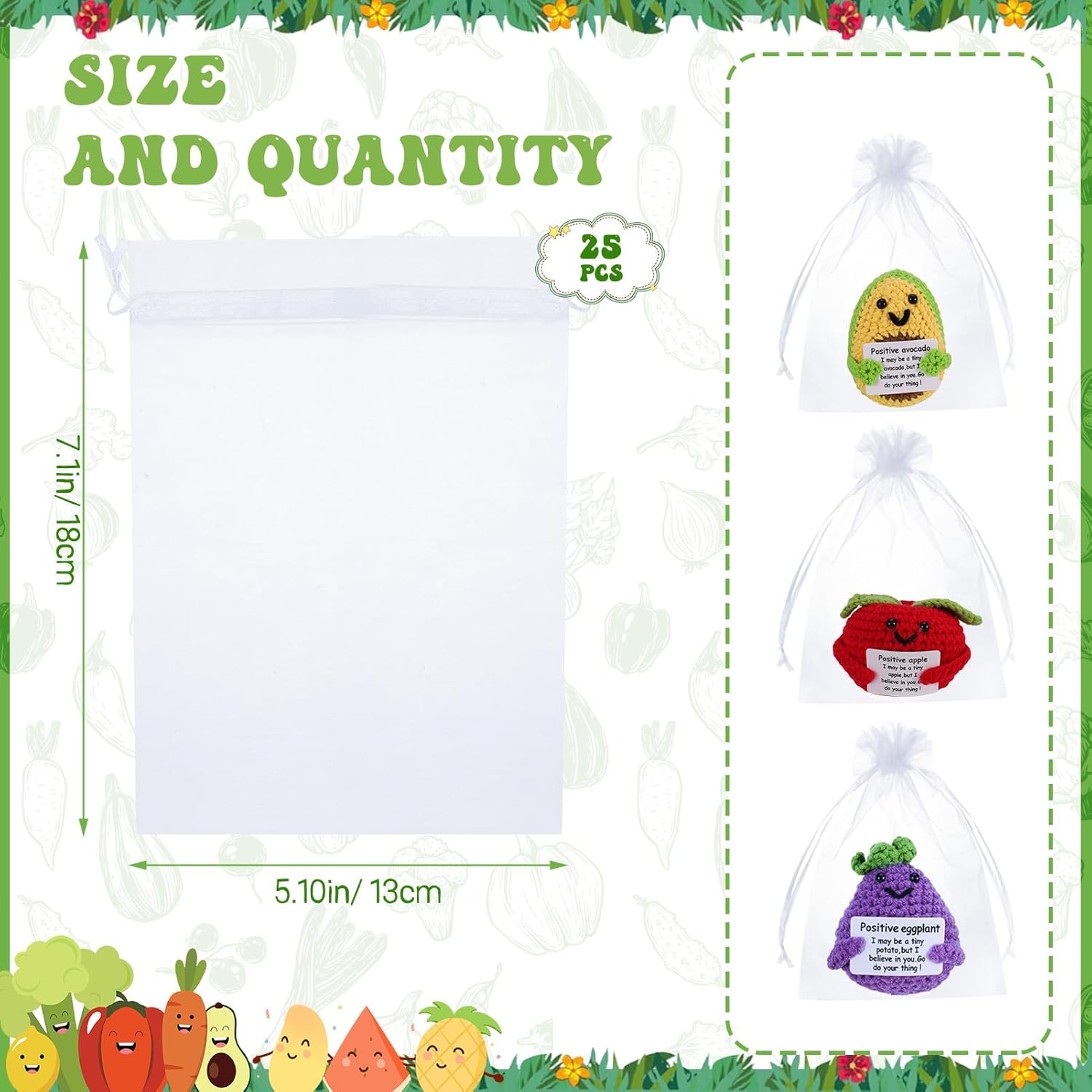 715baKmyjcL._AC_SL1500_.jpg 20 Pcs Funny Mini Positive Vegetables Bulk Handmade Emotional Support Pickled Cucumber with 25 Pcs Organza Gift Bags Cute Furit Knitting Doll Crochet Corn with Positive Card - Image 6