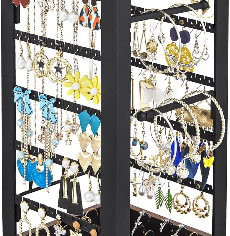 keomaisyto Rotating Earring Holder, Jewelry Holder Organizer with Ring Tray/Necklace/Bracelet Hooks, 360°Earring Organizer with Stable Base for Jewelry Display (Patent Pending)