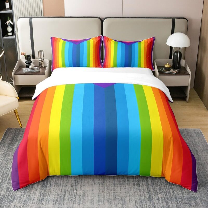 Erosebridal Rainbow LGBT 100% Natural Cotton Duvet Cover Queen, Colorful Stripe Lines Comforter Cover, Geometric Gay Pride Quilt Cover, Wood Board Bedding Set for Adults Teens