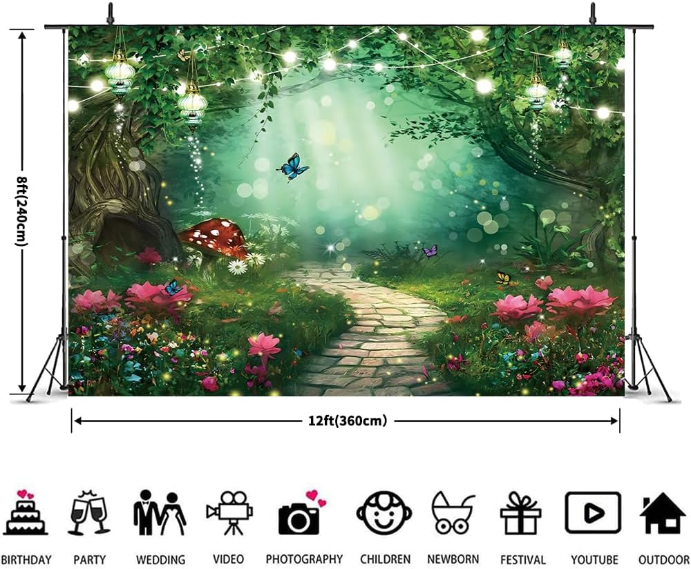 716Lm7kD7kL._AC_SL1000_.jpg Chloroplastid Spring Enchanted Forest Backdrop 12x8ft Fairy Tale Wonderland Garden Woodland Mushroom Butterfly Photography Background for Princess Girl Birthday Party Banner Decorations Photoshoot - Image 5