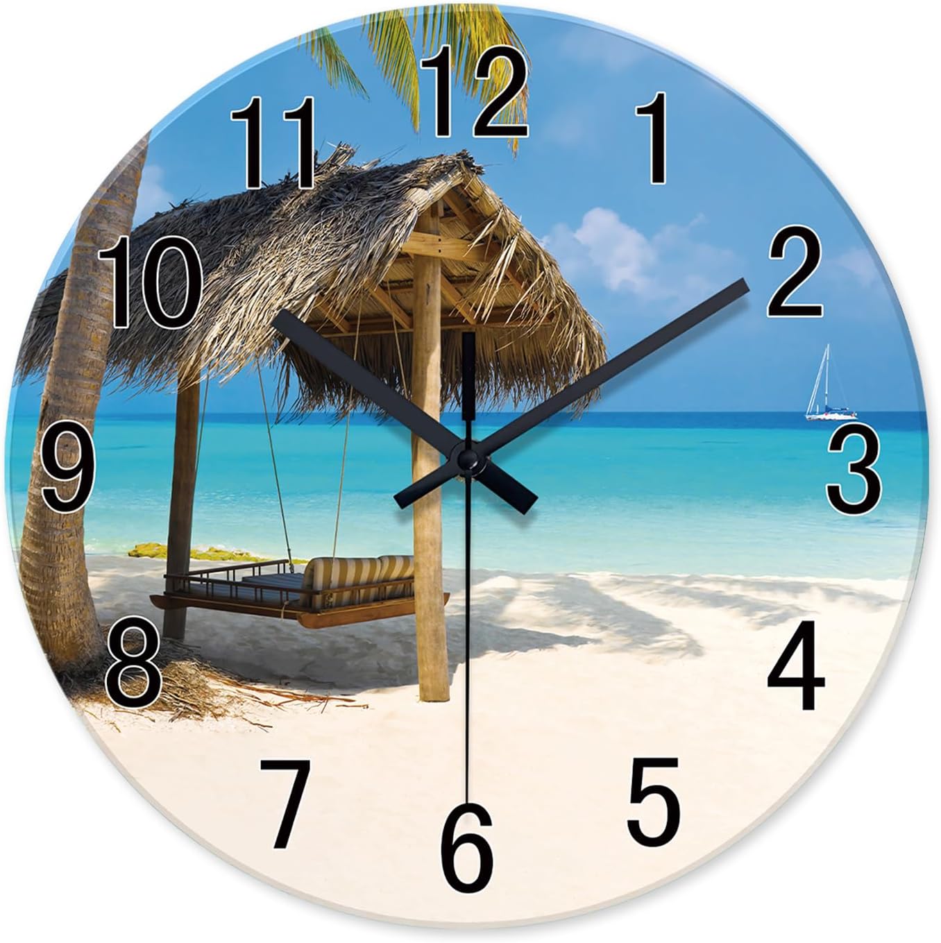 716d94LGVL._AC_SL1500_.jpg XFM Blue Palm Wall Clocks Battery Operated 12 Inch Glass Modern Beach Clocks Wall Decor Non Ticking Wall Clock for Bedroom