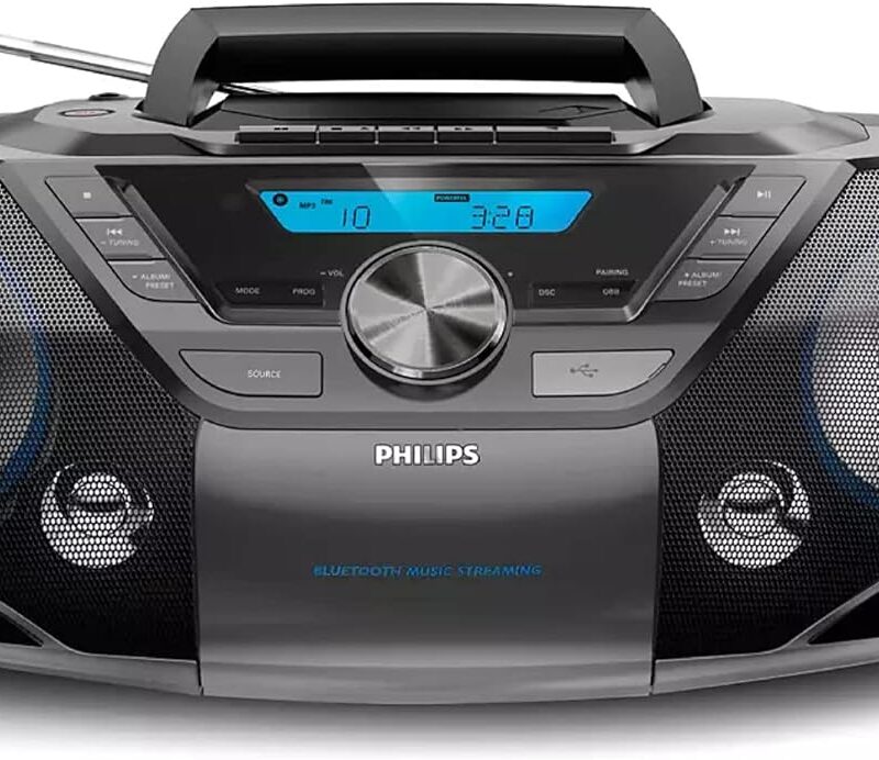 Philips Portable CD Player Boombox Bluetooth with Cassette Player All in one Powerful Stereo Boom Box CD Player for Home Mega Bass Reflex Speakers, Radio/USB/MP3/AUX Input with Backlight LCD Display