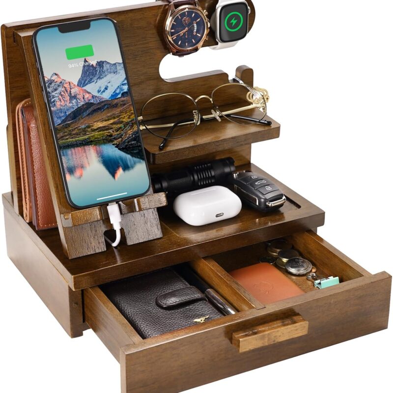Gifts for Men Him Dad Husband from Wife Daughter Son, Wood Phone Docking Station with Drawer Nightstand Organizer, Boyfriend Anniversary Birthday Gifts from Girlfriend, Gift for Fathers Day