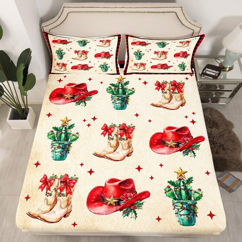Western Cowgirl Fitted Sheet,Tribal Boots Caps Texas Stars Sheet Set (No Flat Sheet) for Teens,Christmas Cactus Red Bow Retro Plaids Patchwork Bedding Set with 2 Pillowcases,Queen Size