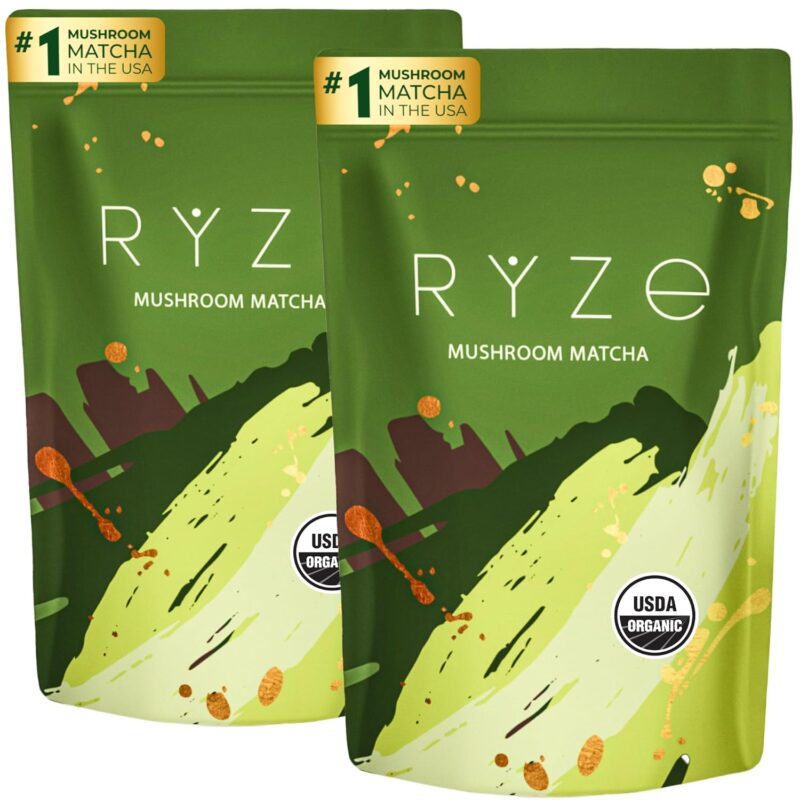 RYZE Mushroom Matcha Starter Kit | Matcha Bundle | 6 Adaptogenic Mushrooms | USDA Organic | Ceremonial-Grade Japanese Matcha | USA Grown | Better Energy, Focus, Digestion, Immunity | 60 servings