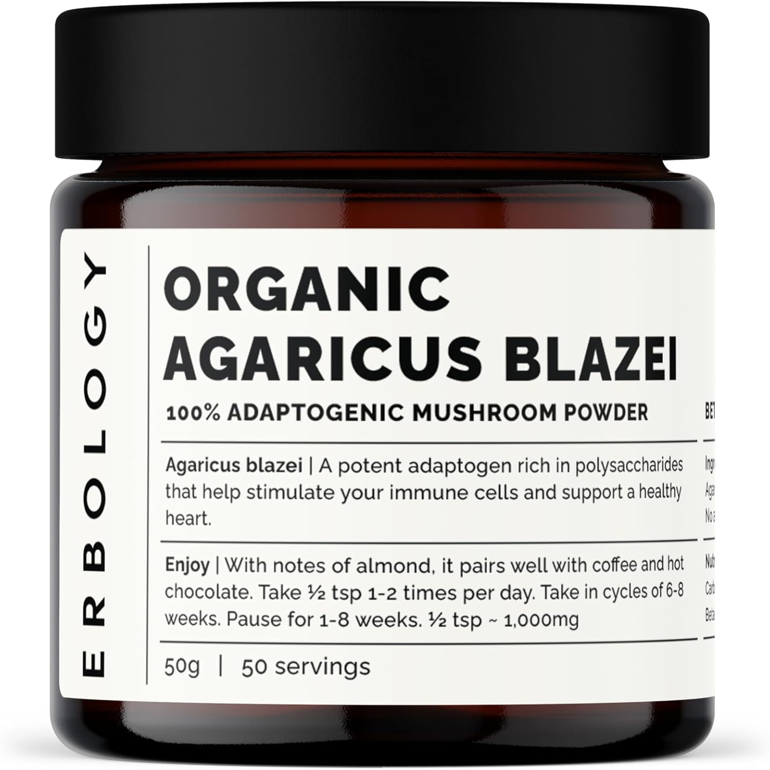 718ncz333VL._AC_SL1500_.jpg Erbology Organic Agaricus Blazei Mushroom Powder 50 Servings - 25% Beta-glucans - Immunity and Heart - Small Batch - Sustainably Grown in Europe - Vegan - Non-GMO - No Added Fillers