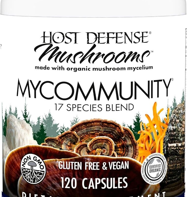 Host Defense MyCommunity Capsules - 17 Species Blend Mushroom Supplement for Immune Support - Herbal Aid with Lion's Mane, Reishi. Chaga, Cordyceps, Turkey Tail & More - 120 Capsules (60 Servings)