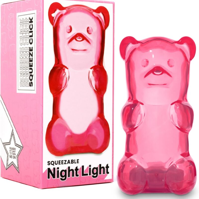 Gummygoods Squeezable Gummy Bear Night Light - Rechargeable, Portable, Squishy Lamp, 60-Min Sleep Timer - Christmas Gift for Kids & Adults, Baby Nursery, and Dorm Rooms - (Pink)