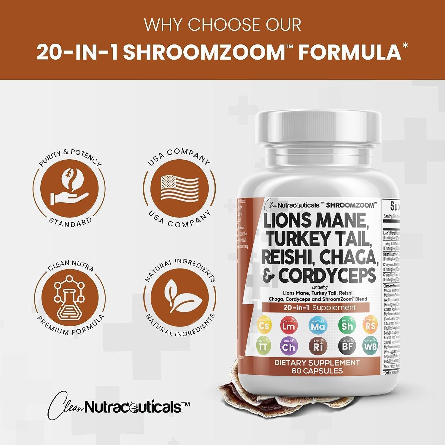 71A30kiuf-L._AC_SL1500_.jpg Clean Nutraceuticals Lions Mane 20in1 Mushroom Supplement with Turkey Tail Reishi Cordyceps Chaga Maitake Meshima Poria Cocos Shiitake Oyster Porcini Enoki - 2Pack - Image 4