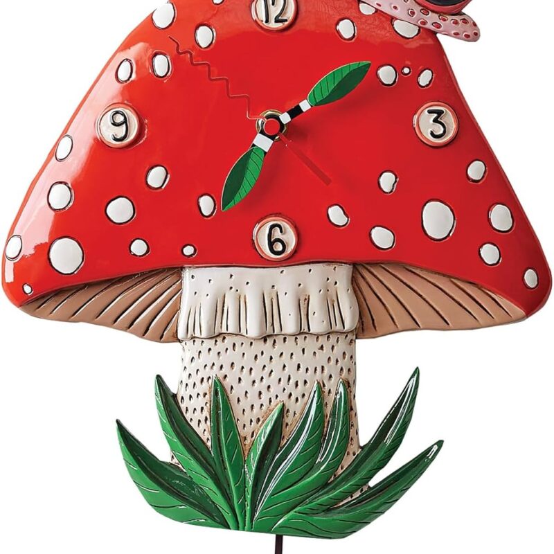 Enesco Allen Designs Fun-Guy Forest Mushroom and Snails Sculpted Pendulum Wall Clock, 11.61 Inch, Multicolor