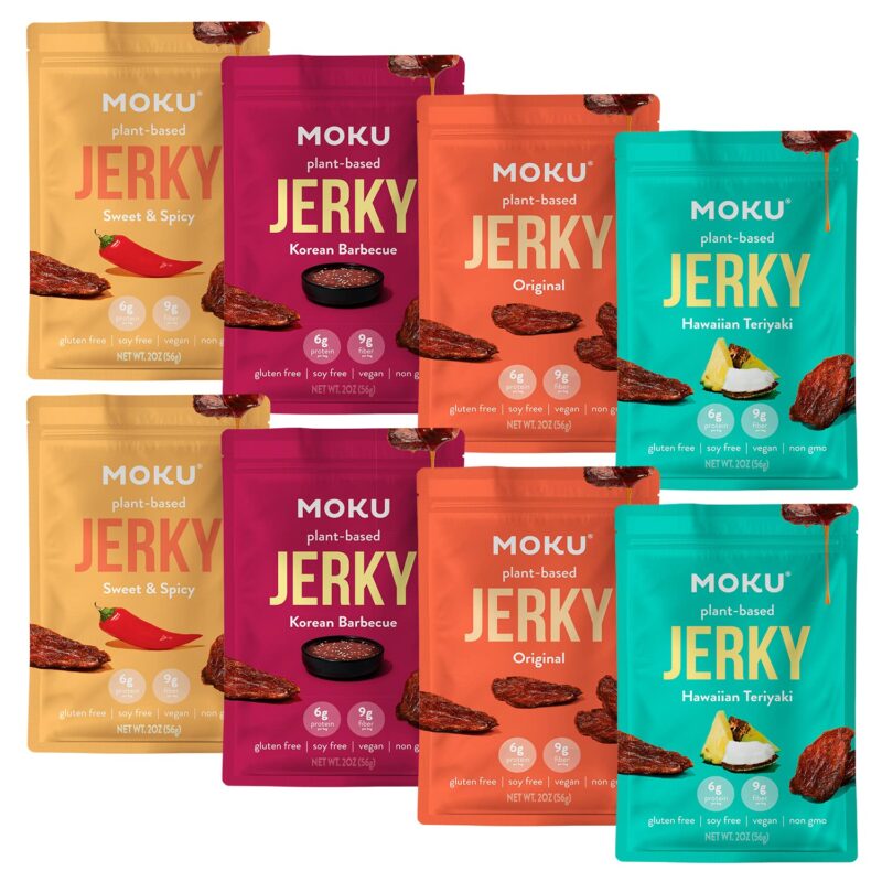 Moku Plant-Based Mushroom Jerky, Hawaiian Teriyaki, Sweet and Spicy, Original (8 Pack) Vegan Jerky, Gluten Free, Soy-Free, Non-Gmo Vegan Snacks, Vegan Meat No Artificial Sweetener Vegan Food, 2.0 Oz Ea - Variety Pack