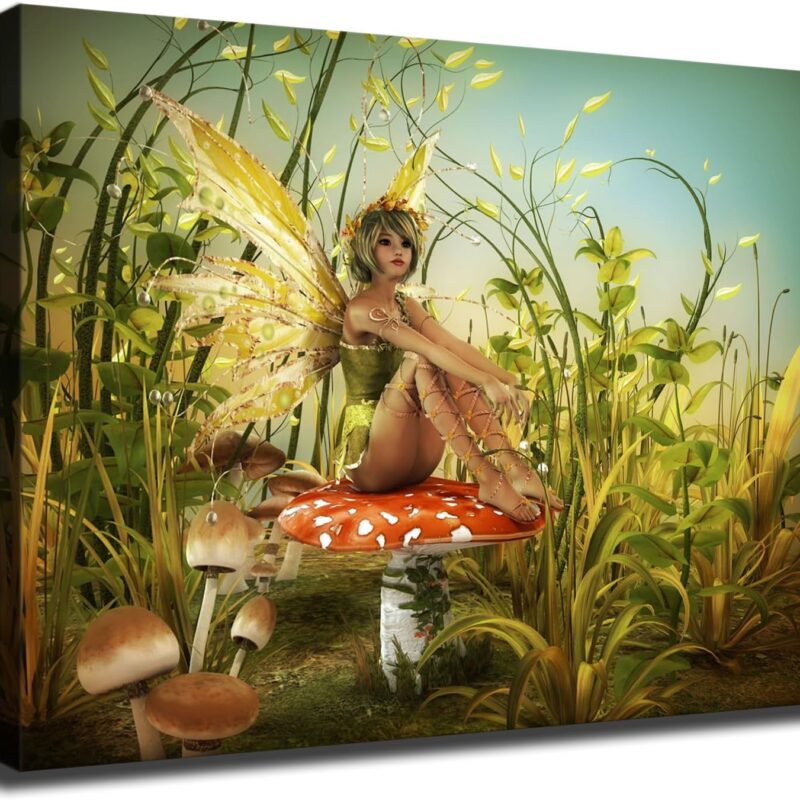 Fairy Tale Nature Plants and Mushrooms Magical Wonderland Girl Poster Canvas Wall Art Print Picture Oil Painting Aesthetic Children's Room Bedroom Living Room Home Decor (16x20inch framed)
