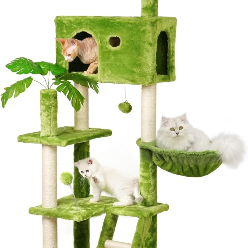 Large Cat Tree with Leaves for Indoor Cats Large Adult,65" Green Cat Tower with Scratching Post,Hanging Hammock,Cozy Perch,Swing Ball,Cat Self Groomer and Cat Ladder,Cat Tree for Large Cats