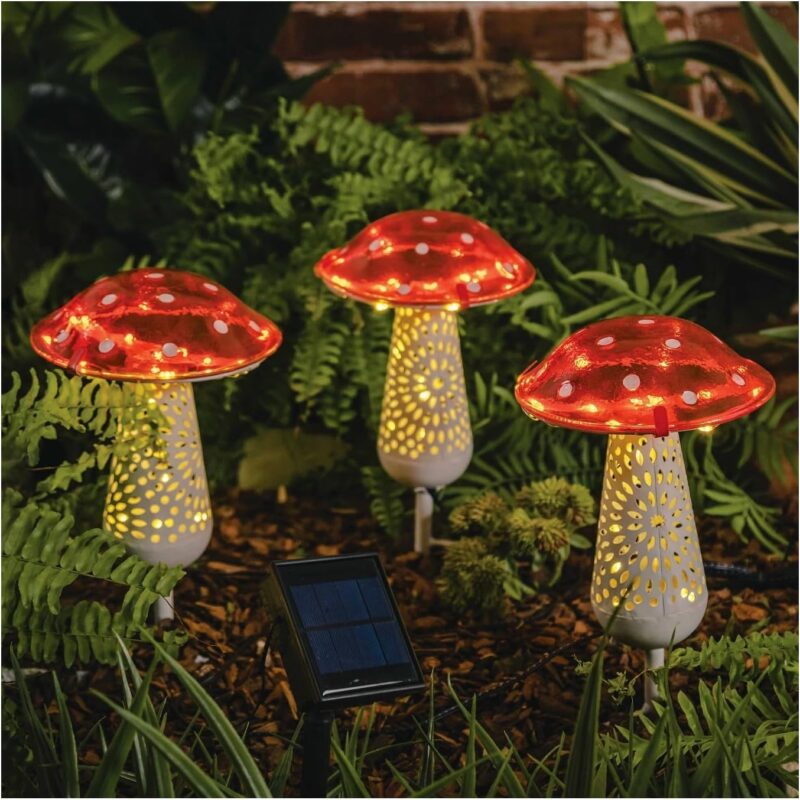 Giant Red Mushroom Solar Light - 12''H Glass and Metal Outdoor Decor Stake Light, 3-PACK, Large