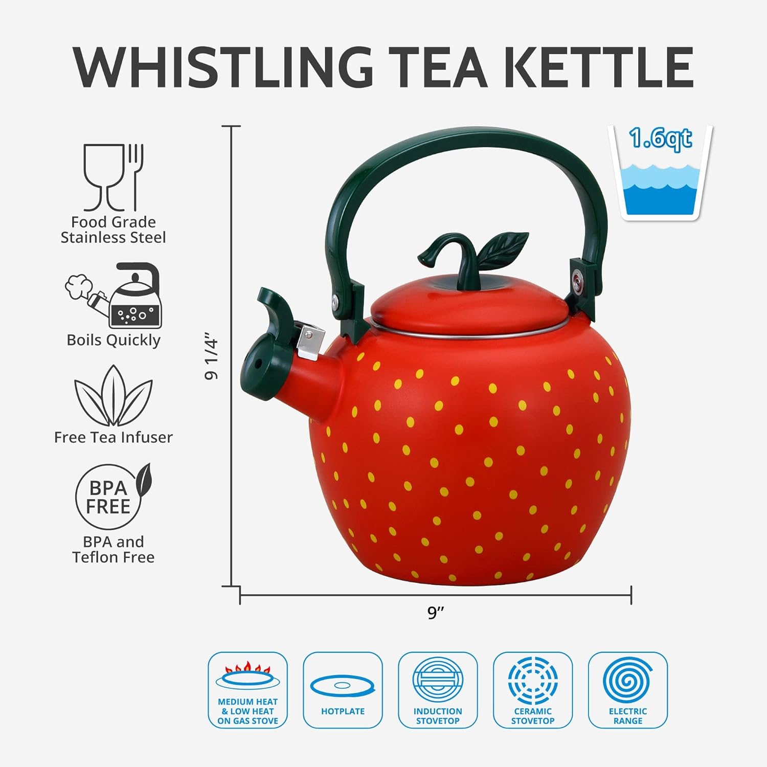 71CreSLdBL._AC_SL1500_.jpg Whistling Tea Kettle for Stove Top Enamel on Steel Teakettle, Supreme Housewares Strawberry Design Teapot Water Kettle Cute Kitchen Accessories Teteras (2.3 Quart, Strawberry) - Image 4