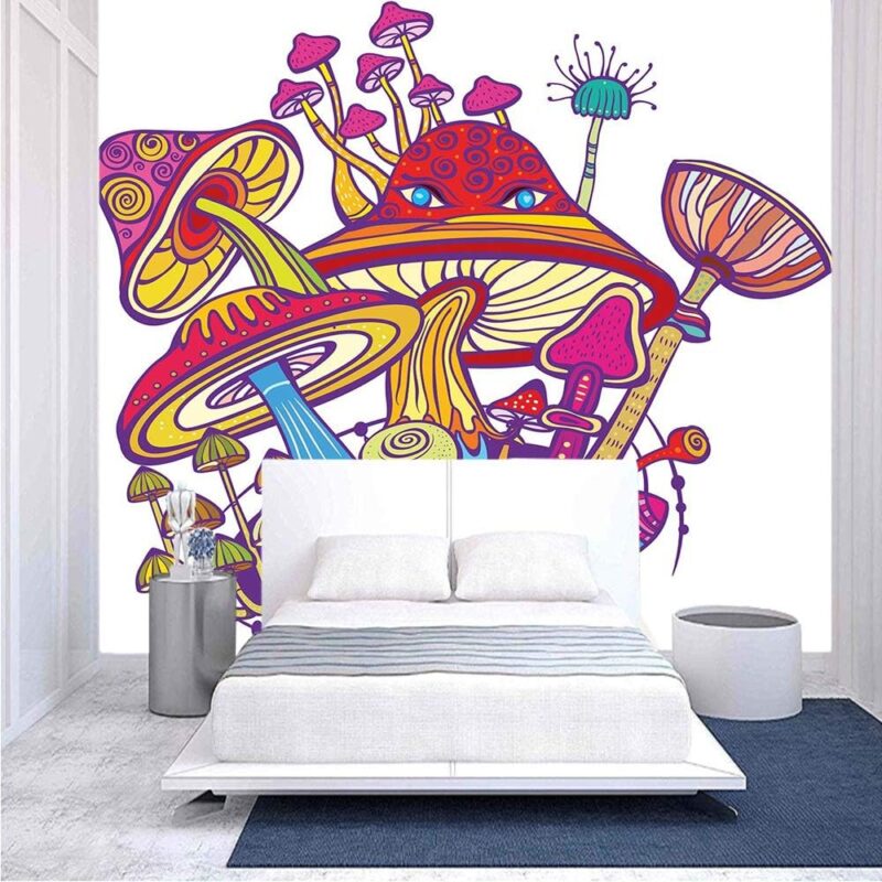 100x100 inches Wall Mural,Group of Decorative Colorful Mushrooms Boletus Fungus Fairytale Doodle Ornate Peel and Stick Self-Adhesive Wallpaper Removable Large Wall Sticker Wall Decor for Home Office
