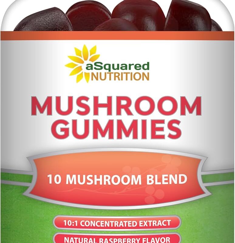 aSquared Nutrition Mushroom Gummies - 10x Complex Supplement - Lions Mane, Turkey Tail, Reishi, Cordyceps, Chaga - Energy, Focus, Immune Support for Men & Women - Replace Powder, Capsules & Pills