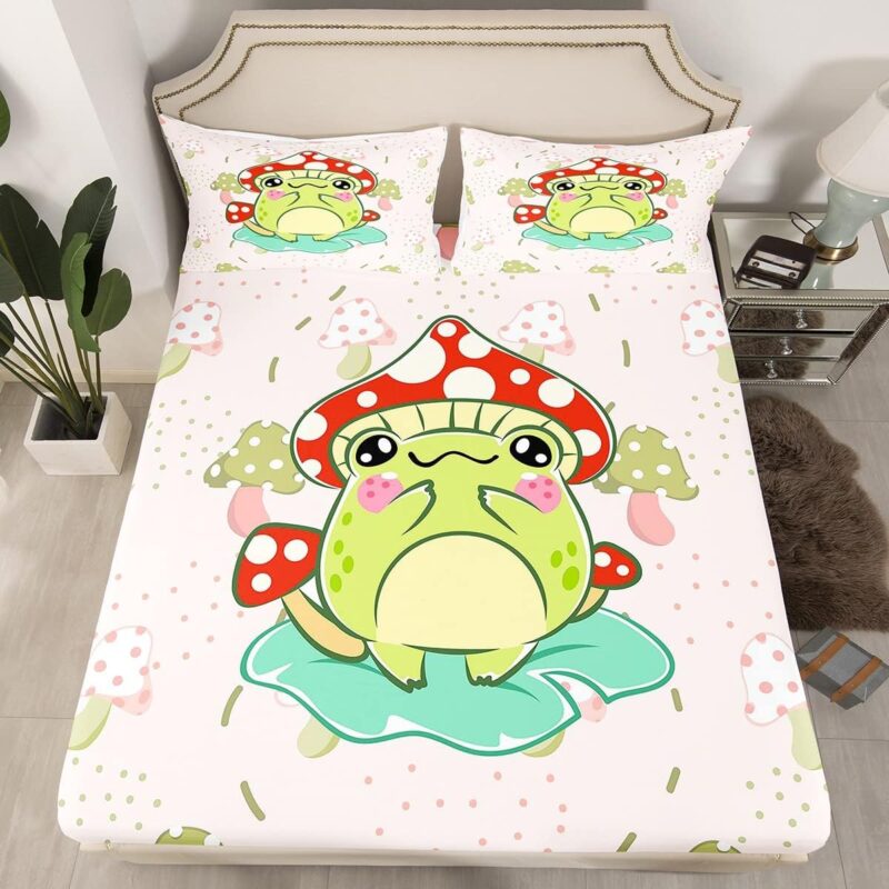 Mushroom Frog Fitted Sheet Queen Size,Cute Cartoon Green Frogs with Mushroom Hats Sheet Set for Men Women Adults Bedroom Decor, Natural Wild Botanical Plants Pink Bed Cover 3 Pcs