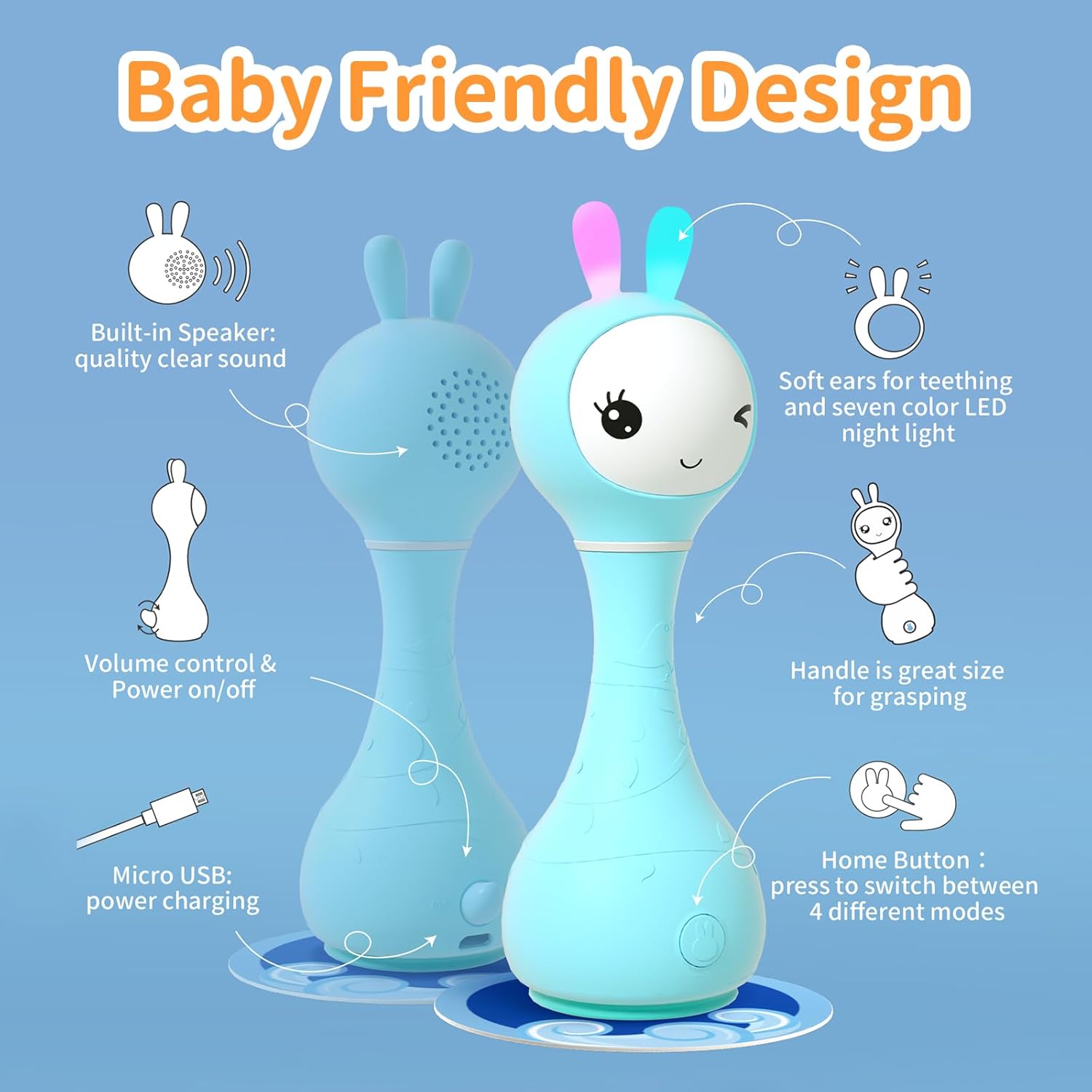 71E62EbFcFL._AC_SL1500_.jpg alilo Smarty Bunny Baby Rattle Musical Light Up Toys, Infants Newborns Baby Toys 0-3-6-12-18-24 Months,1 Year Old Boy Girl Easter Gifts, 4 Music Modes and Color Recognition Function with 9 Color Card - Image 5