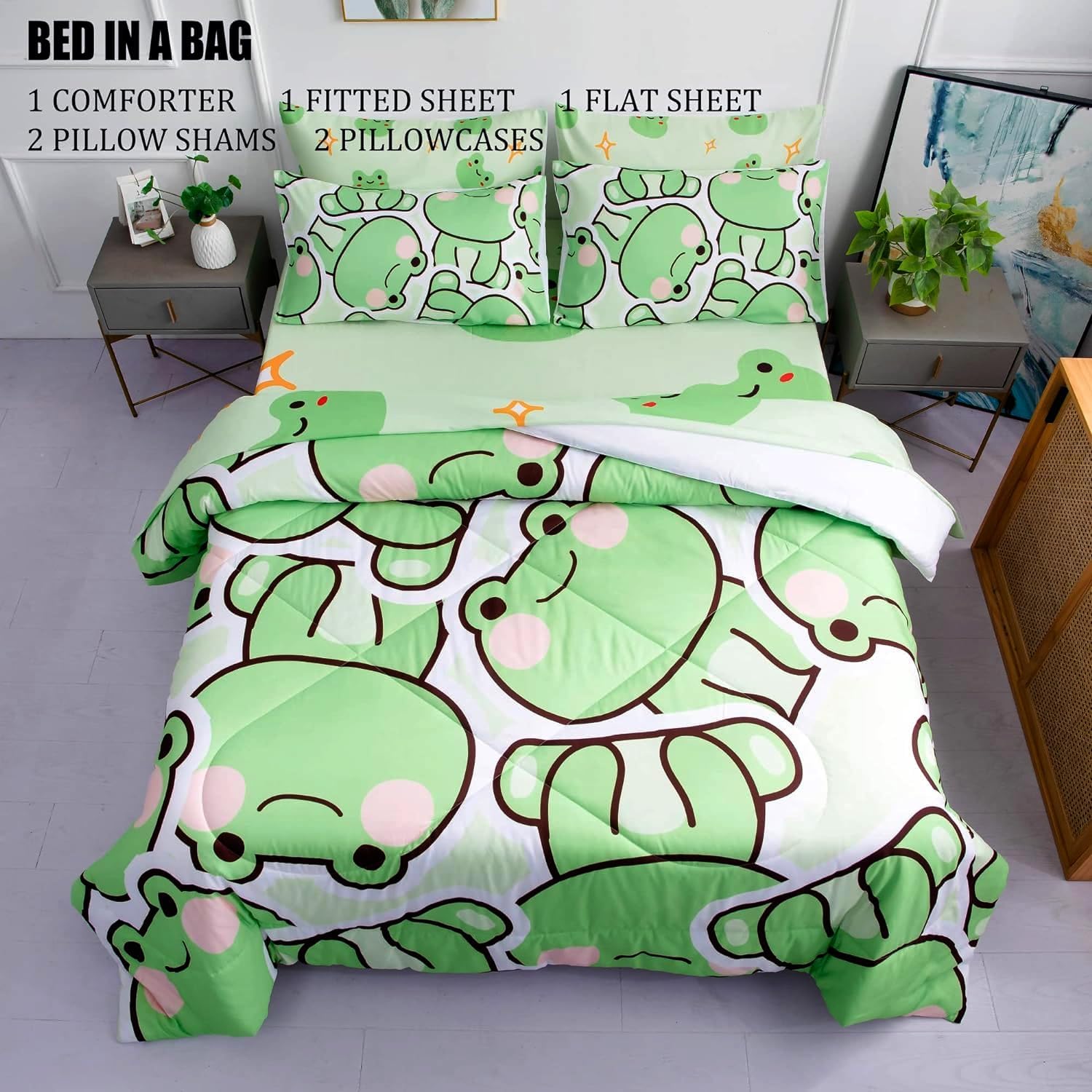 71E75NG76WL._AC_SL1500_.jpg MUSOLEI 7 Piece Frog Comforter Set Frog Bedding for Kids Boys and Girls Frog sheets set Frog Bedding set Twin Size Bedding Sets for All Season (1 Comforter, 1 Flat Sheet, 1 Fitted Sheet, 4 Pillowcase) - Image 2