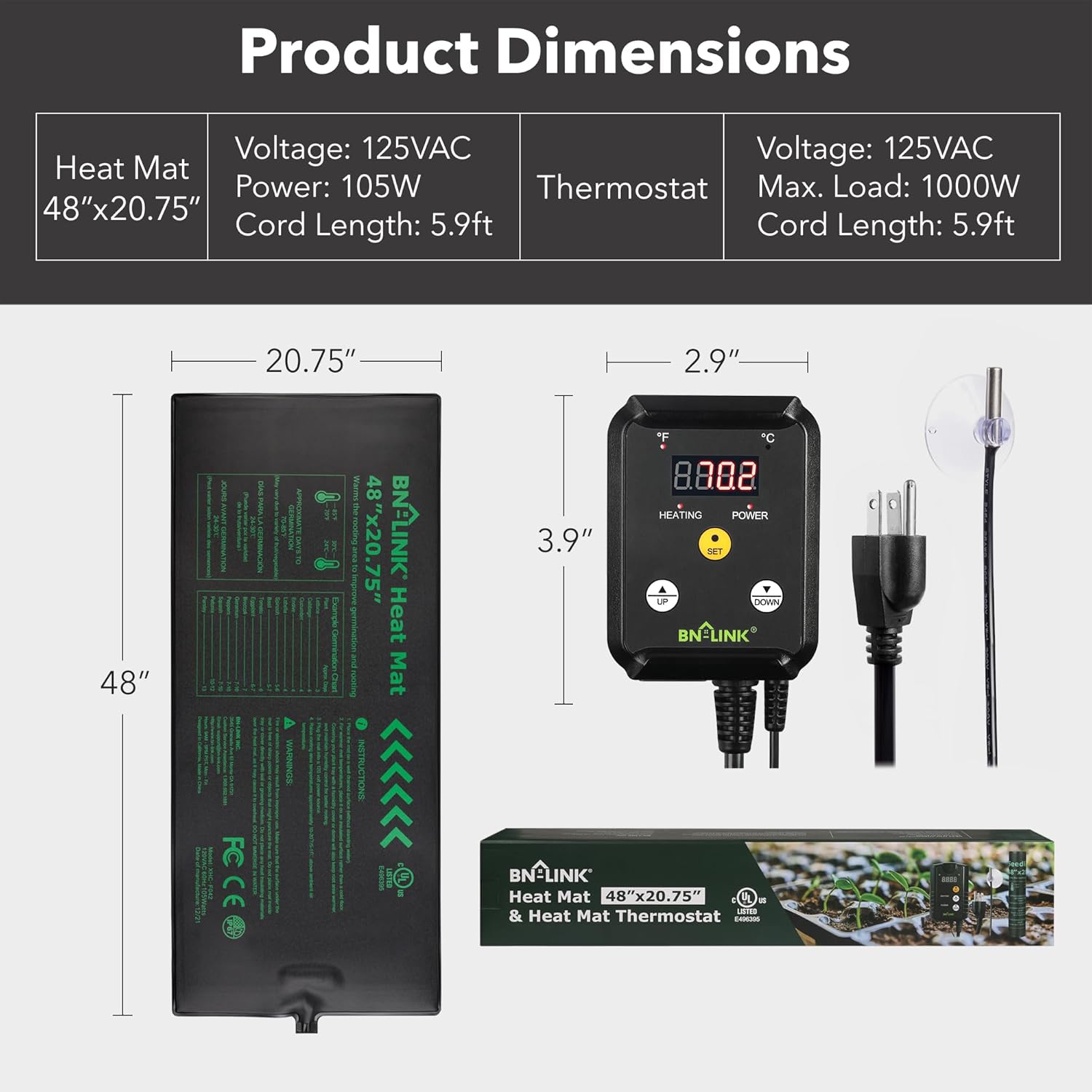 71F-4wK1OWL._AC_SL1500_.jpg BN-LINK Seedling Heat Mat Heating Pad 48" x 20.75" with Digital Thermostat Controller Combo Set Waterproof for Indoor Seed Starting and Plant Germination - Image 2