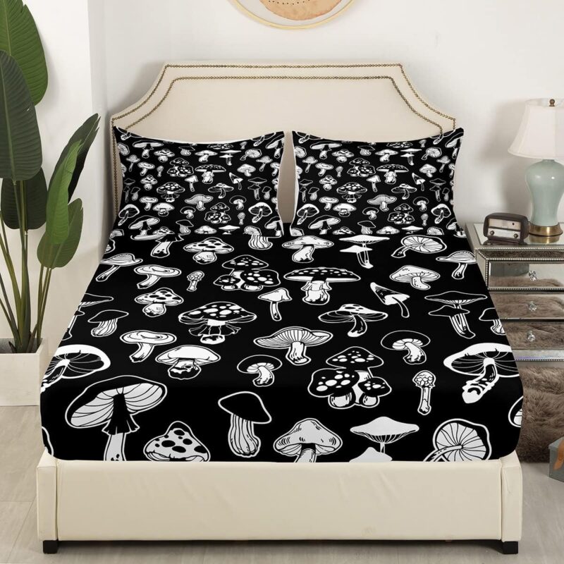 Black Mushroom Fitted Sheet Queen Size Cute Mushroom Bedding Set Black and White Sheet Set,Cute Cartoon Plants Bed Cover Ultra Soft Breathable Bedspread 3 Pcs for Kids Teens Boys