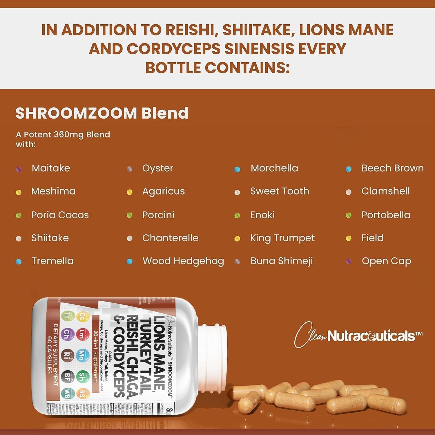 71FUnbDE0EL._AC_SL1500_.jpg Clean Nutraceuticals Lions Mane 20in1 Mushroom Supplement with Turkey Tail Reishi Cordyceps Chaga Maitake Meshima Poria Cocos Shiitake Oyster Porcini Enoki - 2Pack - Image 3